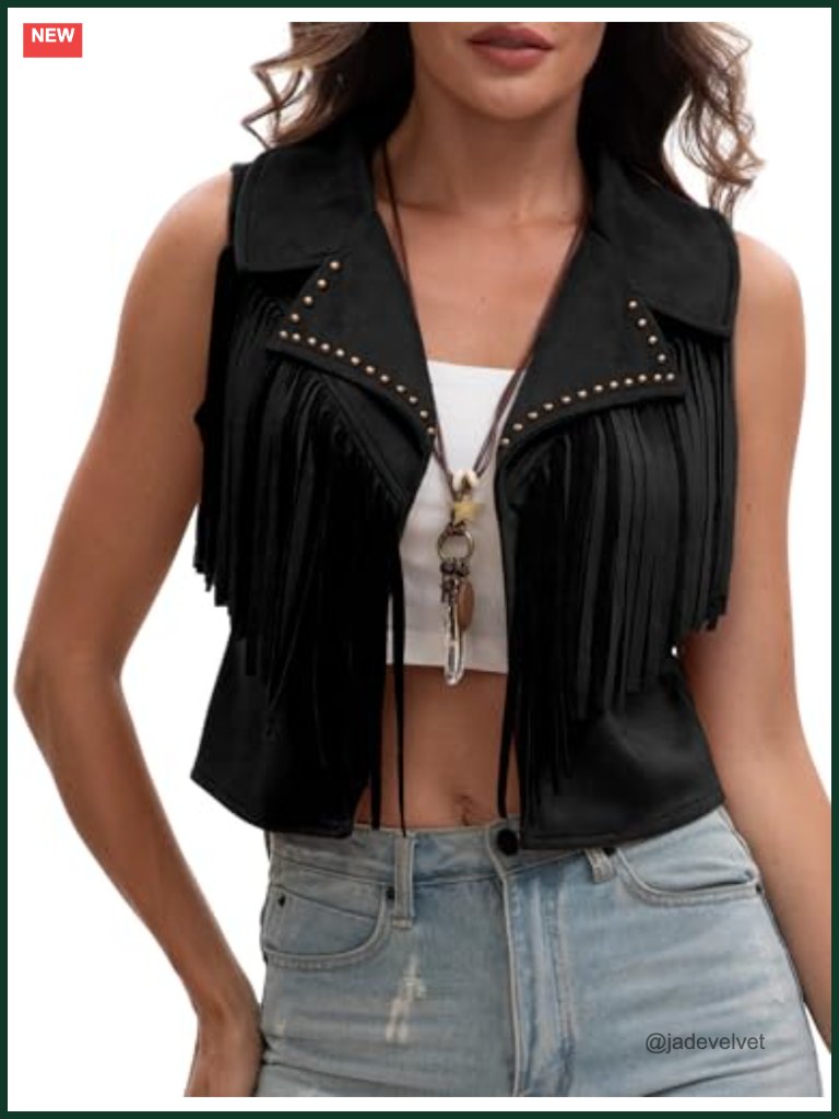 Womens Faux Suede Fringe Cropped Vest Sleeveless Tassel Western Cowgirl Vest